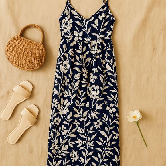 A New Day Seersucker Maxi Dress Navy Floral – Size M – V-Neck Adjustable Straps - Picture 6 of 8